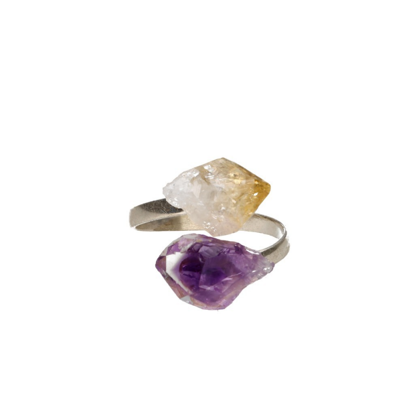 Amethist & Citrien ring in 925 sterling zilver – ruw en verstelbaar