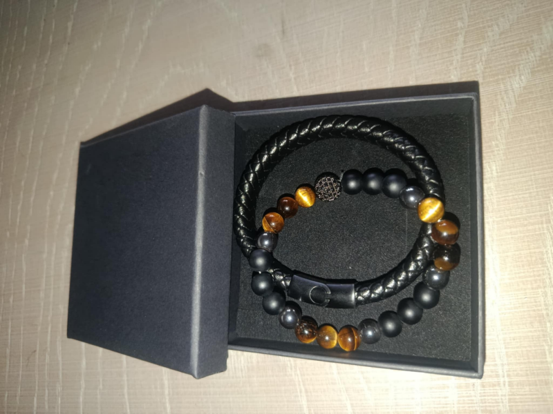 Heren Armbanden Set – Tijgeroog, Hematiet & Shungiet + Gevlochten Leder – Cadeaubox