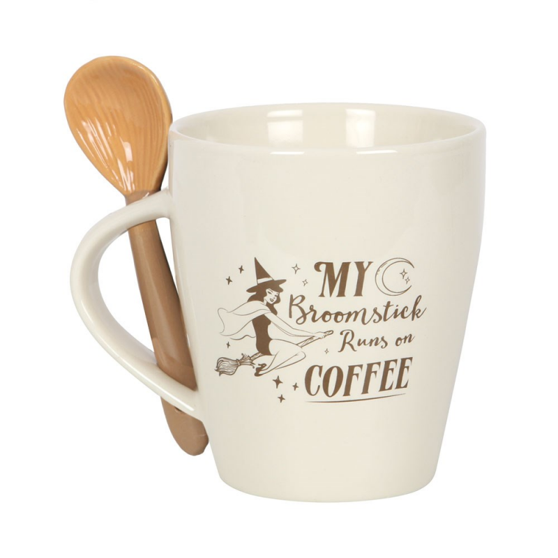 My Broomstick Runs on Coffee Mok en Lepel Set – Heksen Cadeau