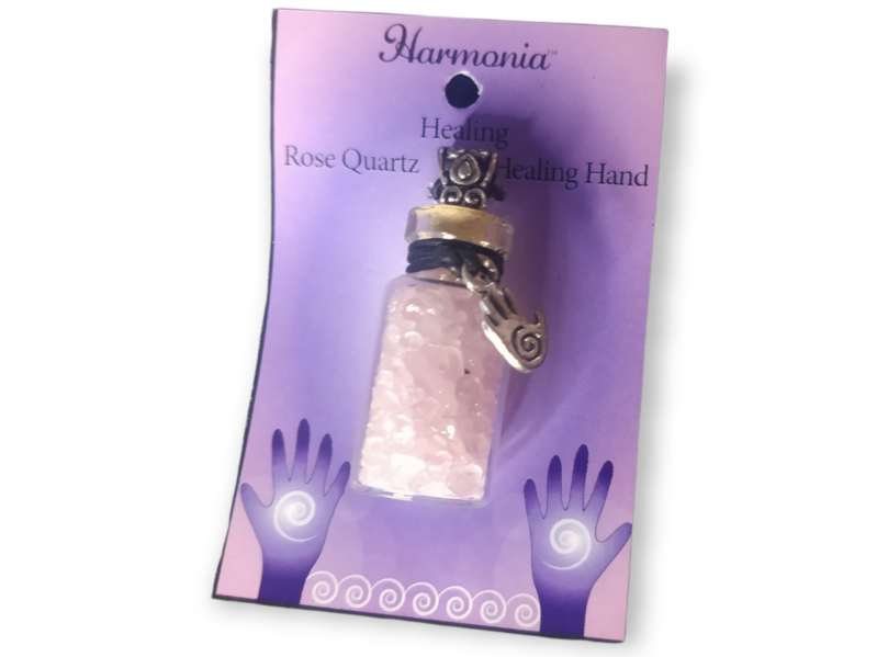 Geschenkflesje rozekwarts aan waxkoord healing