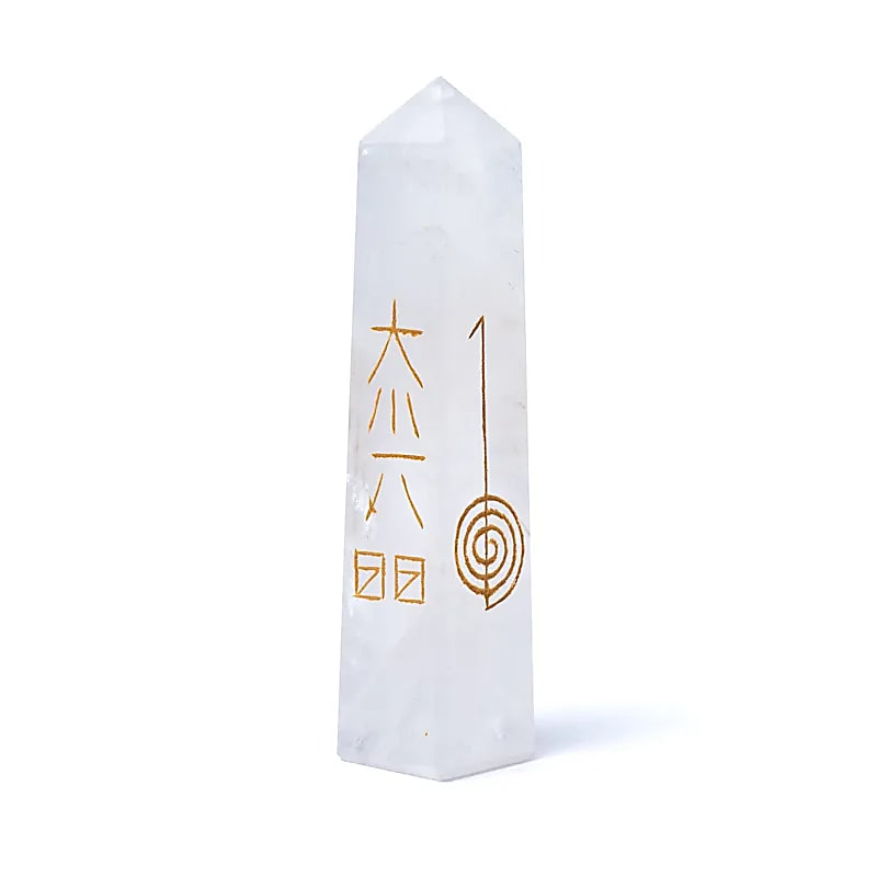 Bergkristal Obelisk met Gegraveerde Reiki Symbolen – Energie, Heling & Feng Shui