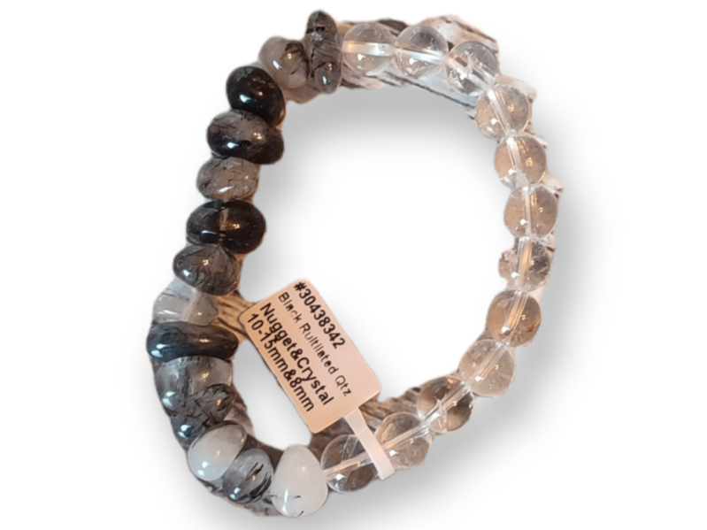 zwarte toermalijnkwarts nugget + bergkristal armband
