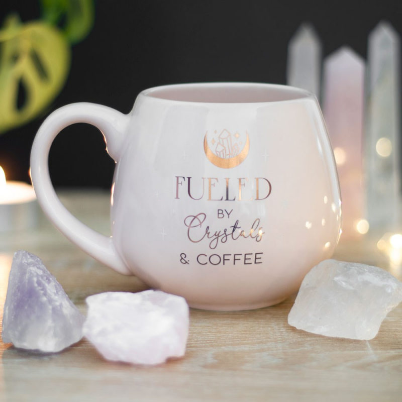 Kristallen en Koffie Ronde Mok – 500 ml – Gouden Maan & Kristaldesign