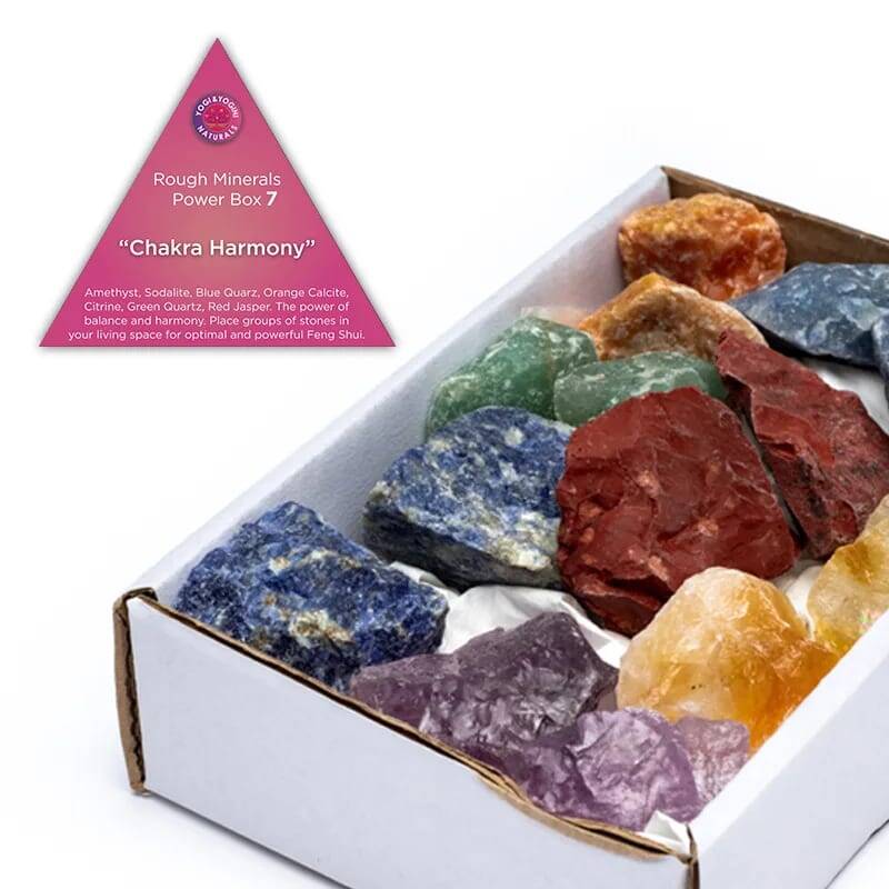 Power box : Chakra Harmonie Ruwe Amethist, Sodaliet, Blauwe kwarts, Oranje Calciet, Citrien , groene Kwarts en Rode Jaspis.