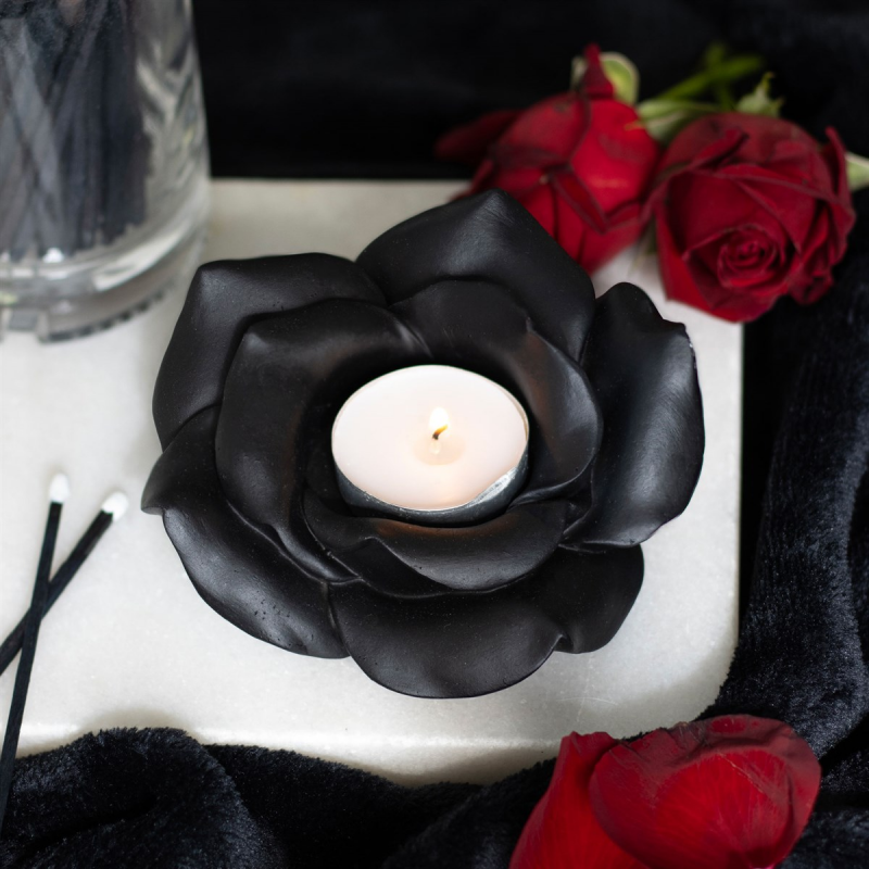 Zwarte Roos Theelichthouder – Resin Gothic Decor – Victoriaanse Sfeer