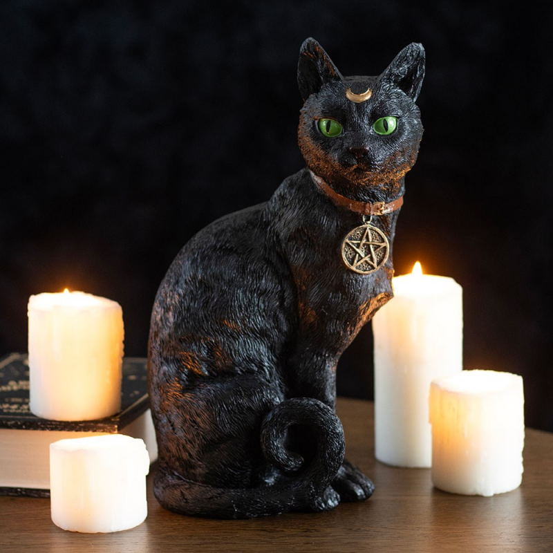 Zittende Zwarte Kat Beeld met Pentakel – Mystiek Decor