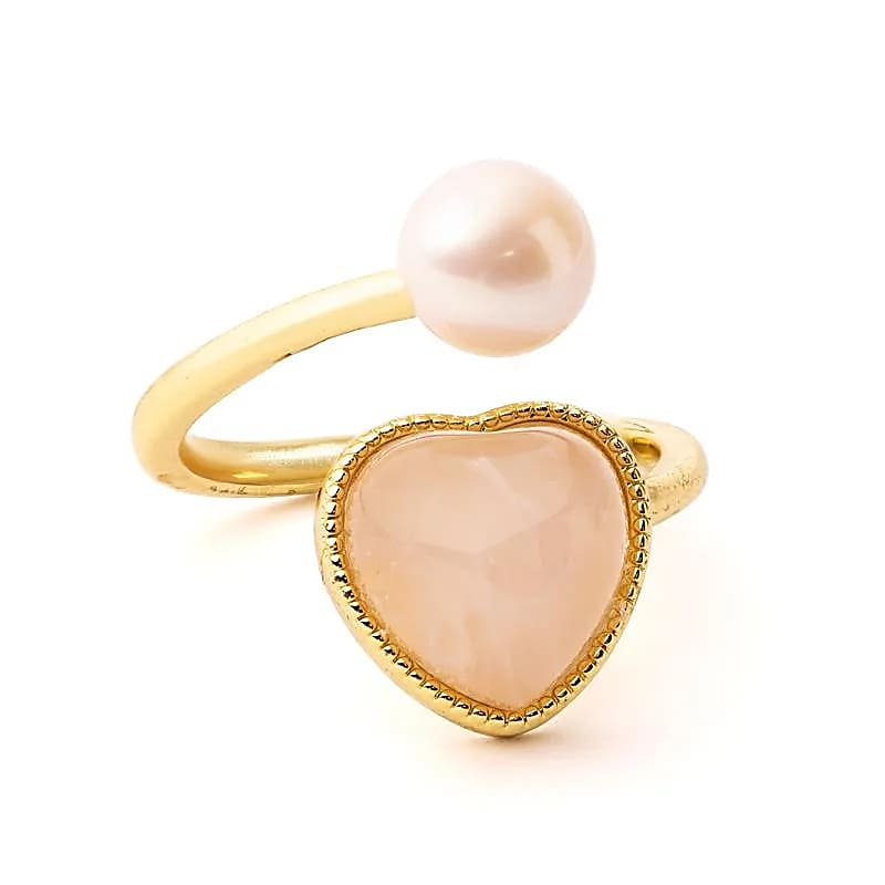 Verstelbare Ring met Rozenkwarts Hart en Parel – Liefde & Harmonie