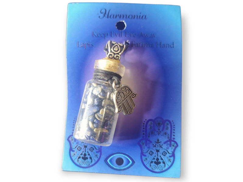 Geschenkflesje lapis lazuli aan waxkoord Keep evil eye away